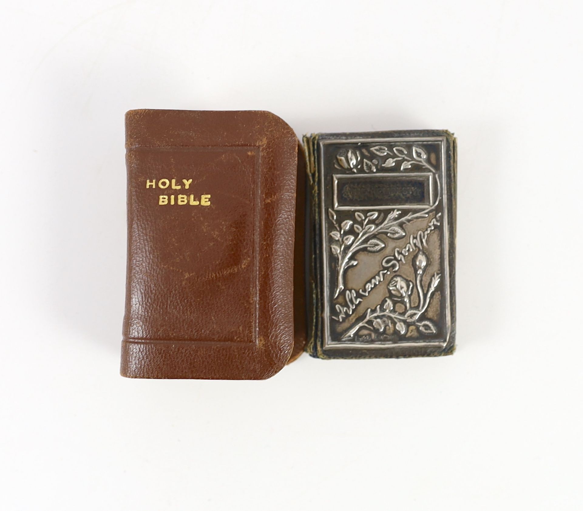 Miniature printing - Shakespeare, William - The Tempest, edited by J. Talfourd Blair, 53 x 33mm., with embossed silver cover, inscribed, ‘’William Shakespeare, David Bryce & Son, London,1904 and The Holy Bible, 58 x 38mm